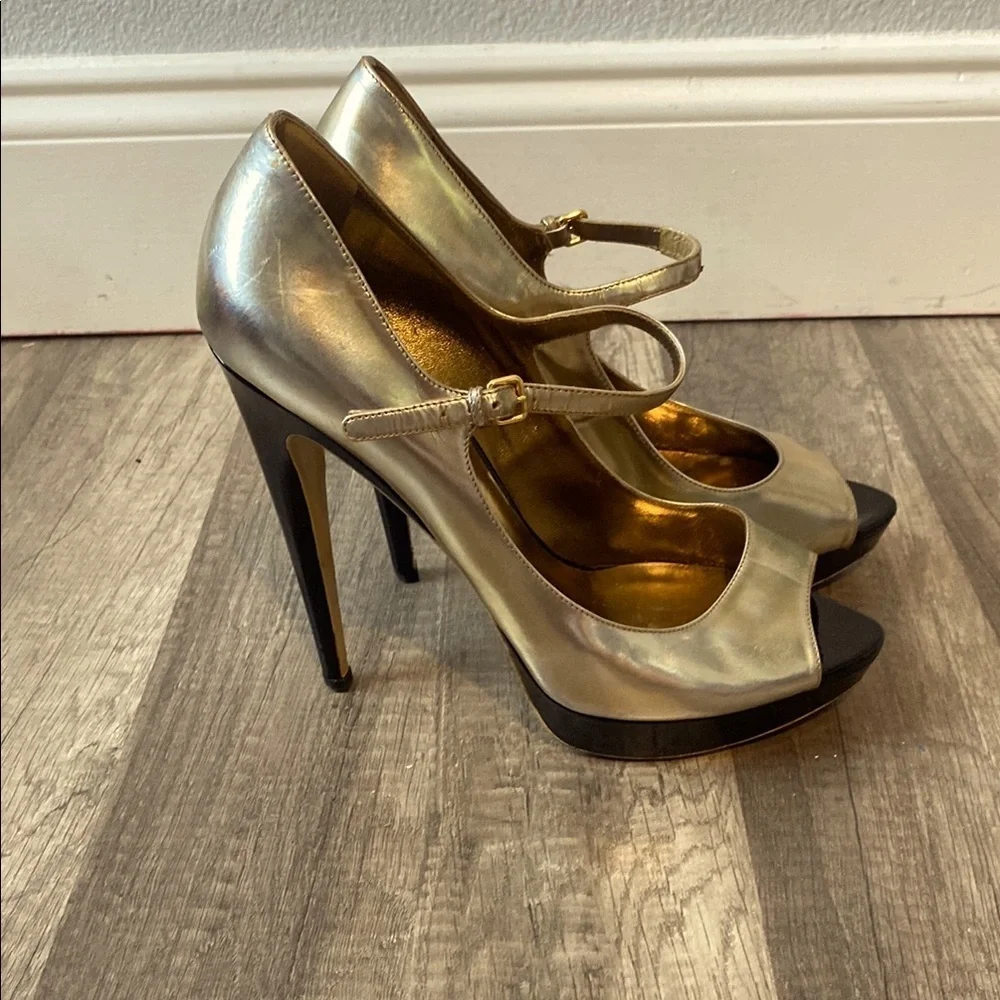 Miu Miu Platform Heels Gold Black Peep Toe